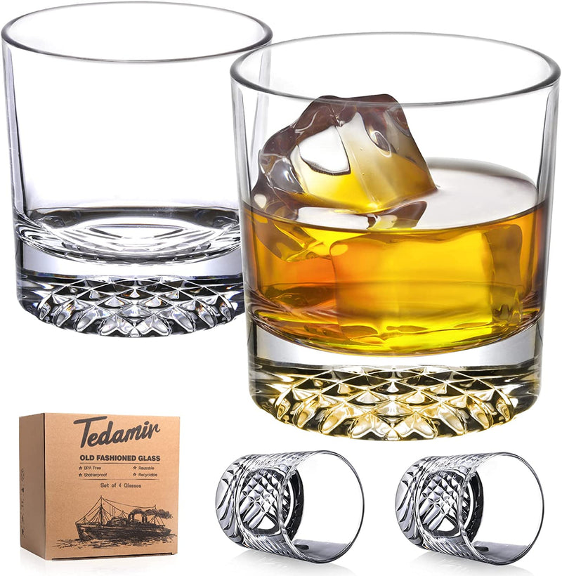 Set of 4 Whiskey Glass with Gift Box, 10 Oz Classic Rocks Barware Old Fashioned Glasses for Scotch Cocktail Whisky Rum Cognac Vodka Liquor Home & Garden > Kitchen & Dining > Barware Tedamir Symmetrical geometric patterns  