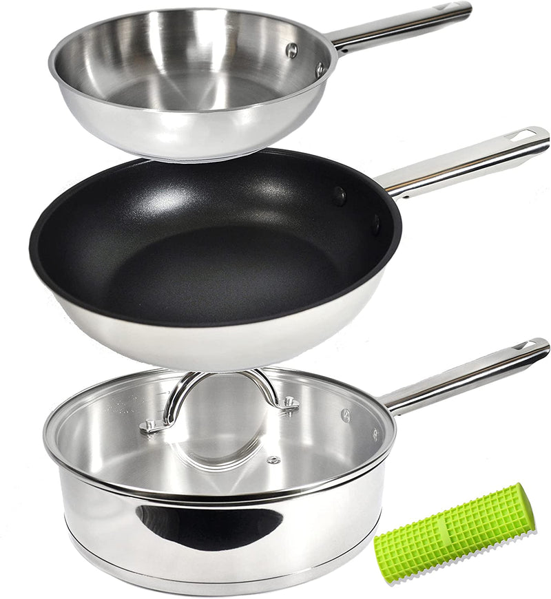 MAGGOPAN Stainless Steel Frying Pan, 4 PCS Set, 8" 11" Frypan, 5QT Skillet, Induction Dishwasher Safe