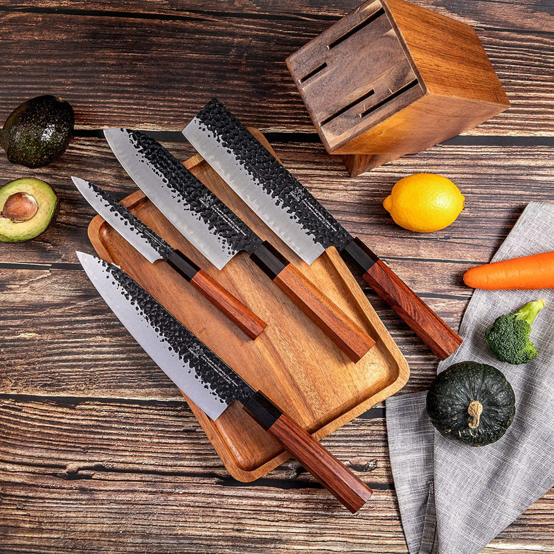 FAMCÜTE Japanese Chef Knife Set, 3 Layer 9CR18MOV Clad Steel W/Octagon Handle and Block Wooden Holder for 4Piece Kitchen Knife Set (8” Gyuto Knife, 7” Nakiri Knife, 7” Santoku Knife, 5” Utility Knife) Home & Garden > Kitchen & Dining > Kitchen Tools & Utensils > Kitchen Knives FAMCÜTE   