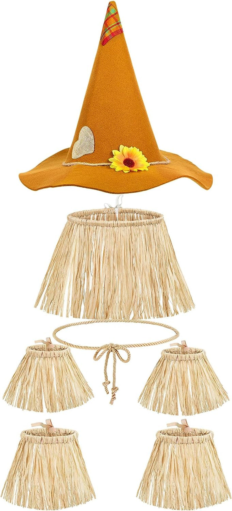 Geyoga 7 Pieces Scarecrow Costume Set Include Raffia Scarecrow Straw Kit Scarecrow Hat for Halloween Harvest Party Accessory  Geyoga Simple Color  