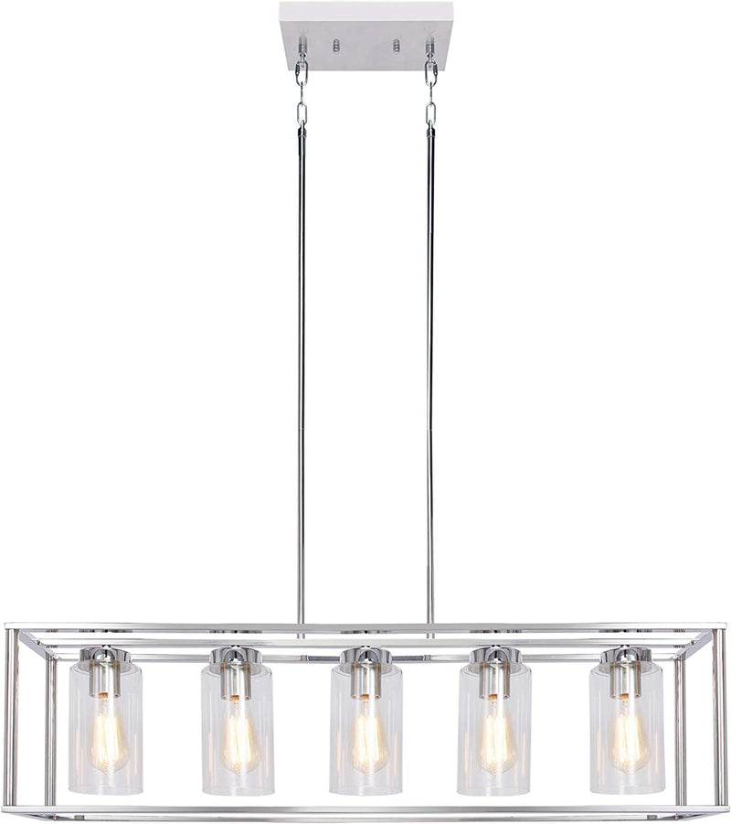 FIMITECH Chandeliers 5-Light Modern Rectangle Dining Room Lighting, Farmhouse Ceiling Light Kitchen Island Cage Pendant Lights and Adjustable Rods Fixtures Hanging with 5 Glass Shade (Black) Home & Garden > Lighting > Lighting Fixtures > Chandeliers FIMITECH Chrome  