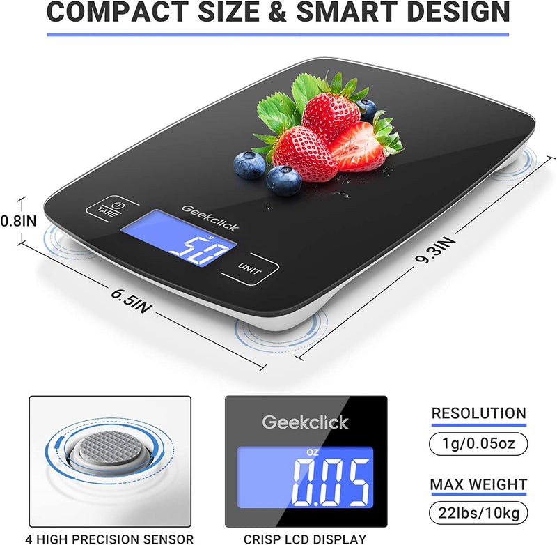 Geekclick Digital Food Kitchen Scale, 22Lb Scale for Food Weight Grams and Oz, Kitchen Tools for Baking, Cooking, Meal Prep, Weight Loss, 1G/0.05Oz Precise Graduation, Easy Clean Tempered Glass-Black