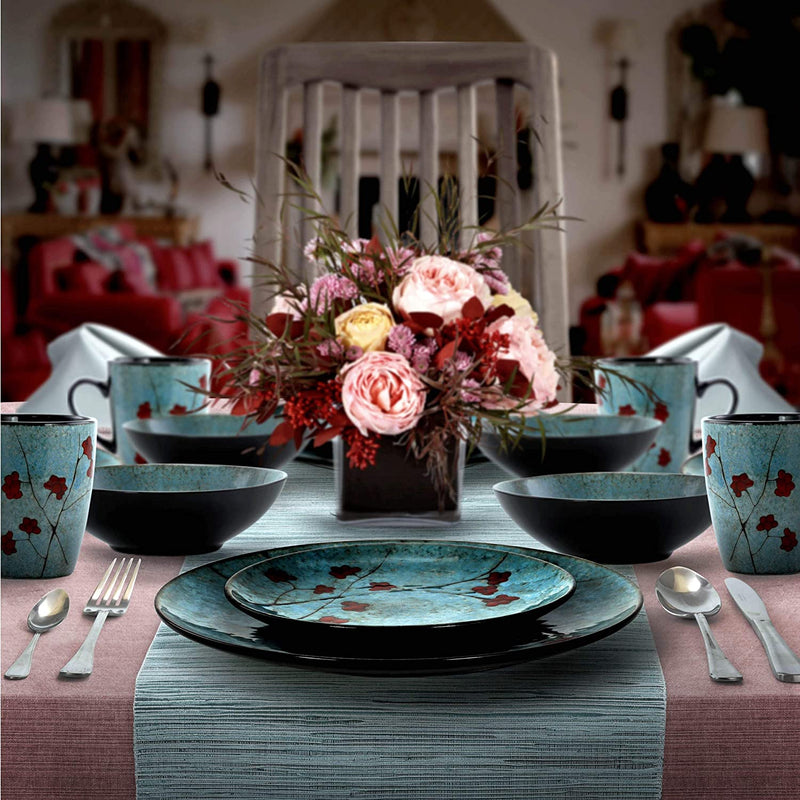 Elama round Stoneware Floral Dinnerware Dish Set, 16 Piece, Blue with Red Accents Home & Garden > Kitchen & Dining > Tableware > Dinnerware Elama   