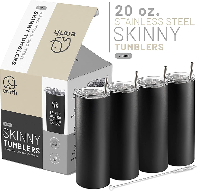 Earth Drinkware Stainless Steel Skinny Tumbler Set, 20 Oz (4 Pack) - Vacuum Insulated Coffee Tumblers with Lids and Straws - BPA Free - Travel Mugs, Keep Hot and Cold - Black Home & Garden > Kitchen & Dining > Tableware > Drinkware Earth Drinkware   