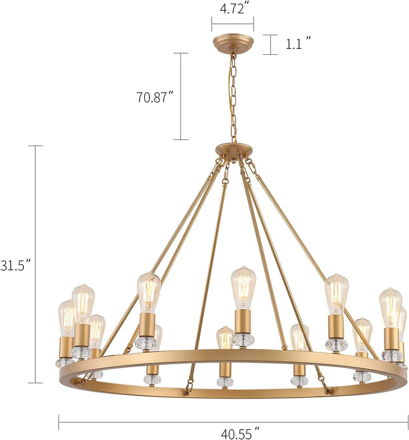 MEIXISUE Large Modern Wagon Wheel Chandelier Gold Metal round Luxury Industrial Country Chandelier Light Fixture for Dining Room Living Room Foyer Entryway W40.55 12-Lights UL Listed Home & Garden > Lighting > Lighting Fixtures > Chandeliers MEIXI   