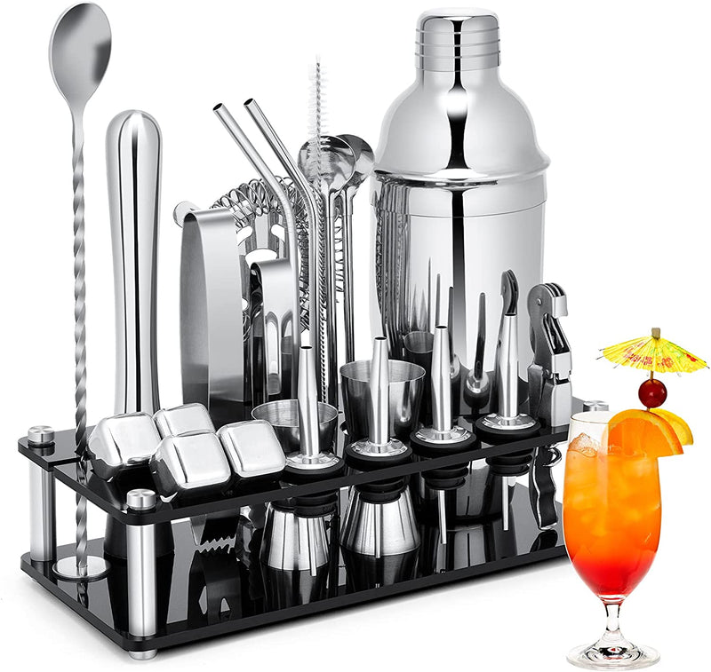Cocktail Shaker Set, 23-Piece Stainless Steel Bartender Kit with Acrylic Stand & Cocktail Recipes Booklet, Professional Bar Tools for Drink Mixing, Home, Bar, Party (Include 4 Whiskey Stones) Home & Garden > Kitchen & Dining > Barware KINGROW Sliver  