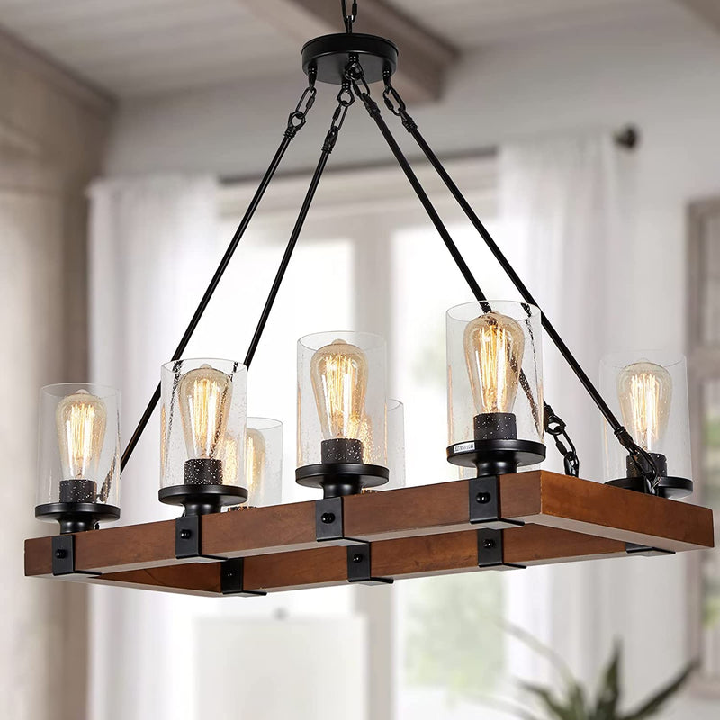 8-Light Farmhouse Chandeliers Rectangle Wood Chandelier Lighting for Dining Room Rustic Chandelier Light with Seeded Glass Shade Pendant Hanging Light Fixtures for Kitchen Island Foyer Hallway Bar Home & Garden > Lighting > Lighting Fixtures > Chandeliers foucasal   
