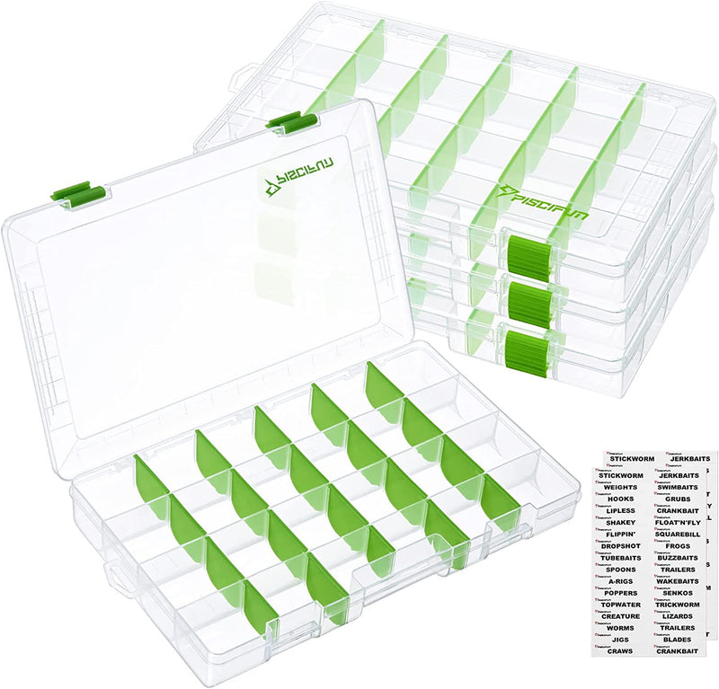 Piscifun Fishing Tackle Trays, Plastic Clear Fishing Storage Tackles Boxes with Waterproof Labels, 3600/3700 Removable Dividers Storage Organizer Boxes, 2 Packs/4 Packs Sporting Goods > Outdoor Recreation > Fishing > Fishing Tackle Piscifun green 3700-4 Packs 