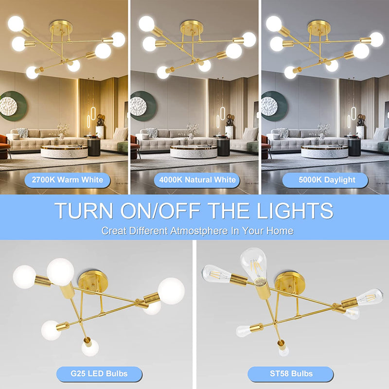 Modern Sputnik Chandelier, Ceiling Light Fixture Semi Flush Mount 6-Lights Gold Chandeliers for Living Room Bedroom Dining Room Farmhouse Kitchen, Mid Century Pendant with E26 Base, Bulbs Not Included Home & Garden > Lighting > Lighting Fixtures > Chandeliers CANMEIJIA   