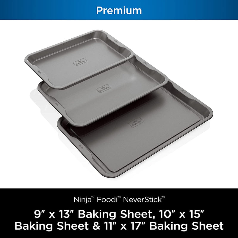 Ninja B33003 Foodi Neverstick Premium 3-Piece Baking Sheet Set, Nonstick, Oven Safe up to 500⁰F, with 9 X 13 Inch Sheet, 10 X 15 Inch Sheet & 11 X 17 Inch Sheet, Dishwasher Safe, Grey Home & Garden > Kitchen & Dining > Cookware & Bakeware Ninja   