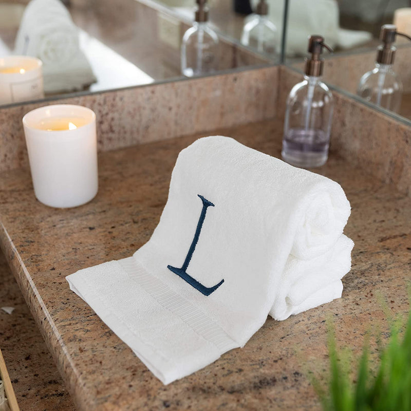 Monogrammed Hand Towels for Bathroom - Luxury Hotel Quality Personalized Initial Decorative Embroidered Bath Towel for Powder Room, Spa - GOTS Organic Certified - Set of 2 Navy Letter L Home & Garden > Linens & Bedding > Towels Decorvo   