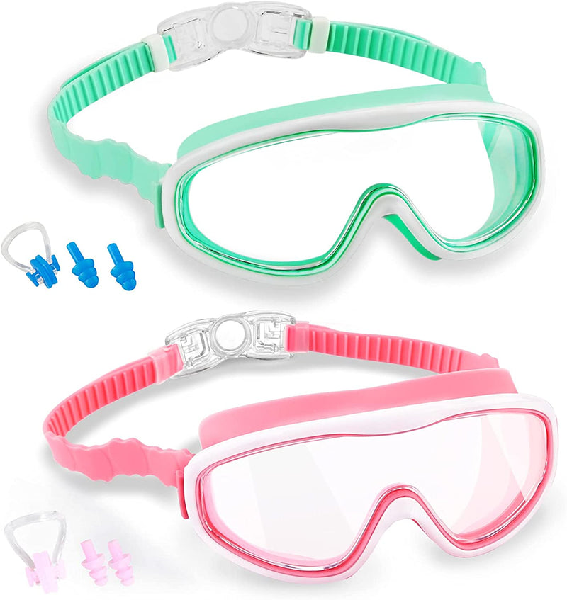 Elimoons Kids Goggles for Swimming Age 3-15,Kids Swim Goggles with Nose Cover No Leaking Anti-Fog Waterproof(2Pack) Sporting Goods > Outdoor Recreation > Boating & Water Sports > Swimming > Swim Goggles & Masks Elimoons Green+pink  