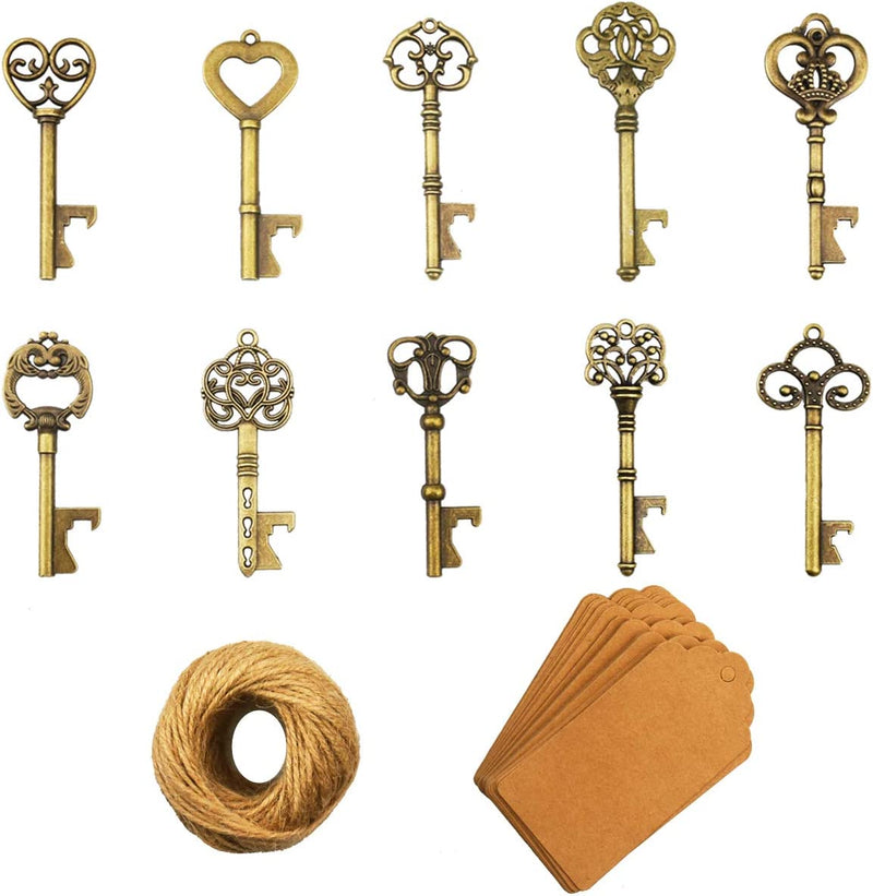 Key Bottle Openers - 50Pcs Vintage Skeleton Key Bottle Opener with Kraft Paper Gift Tags and Twine for Wedding Favors Antique Rustic Party Decoration, 10 Styles (Copper) Home & Garden > Kitchen & Dining > Barware XONOR Bronze  