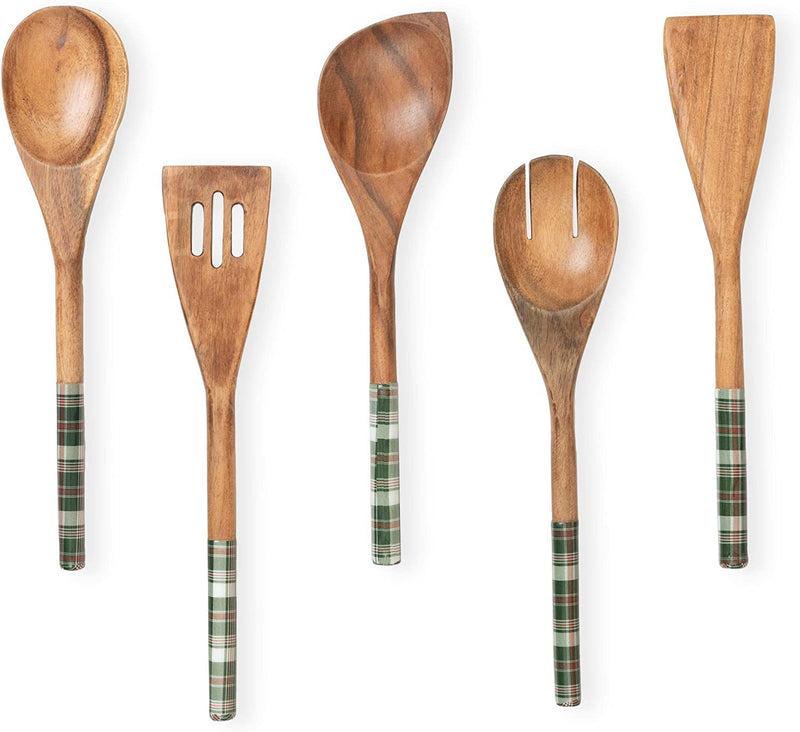 Folkulture Wooden Spoons for Cooking Set for Kitchen, Non Stick Cookware Tools or Utensils Includes Wooden Spoon, Spatula, Fork, Slotted Turner, Corner Spoon, Set of 5, 12 Inch, Acacia Wood, White Home & Garden > Kitchen & Dining > Kitchen Tools & Utensils Folkulture Plaid Green  
