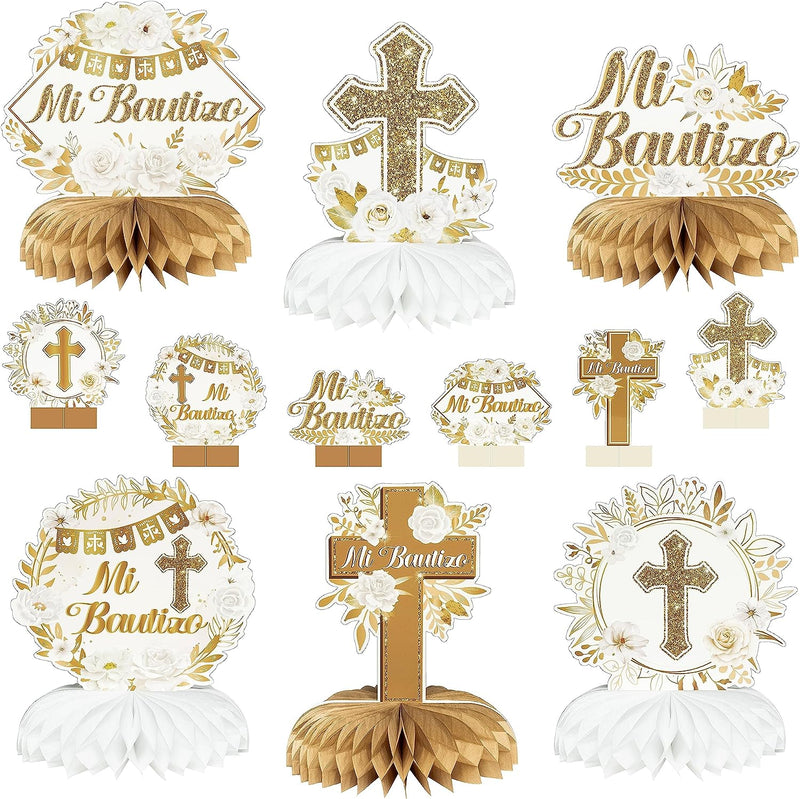 12Pcs Floral Mi Bautizo Cross Baptism Party Table Centerpiece Sage Blue Gold Baptism Religious Party Decor God Bless Christening Confirmation Party Photo Props for Girls Boys Baby Shower  RicaBili White Gold  