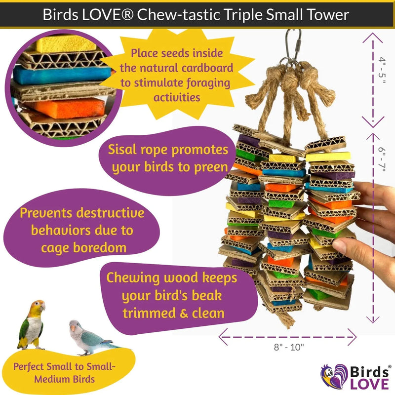 Birds LOVE Chew-Tastic Triple Tower Bird Cage Toy Shredded Fun Small Bird Toy for Green Cheek Conures Sun Conures Caiques Senegals Quakers and Similar Small Sized Parrots Animals & Pet Supplies > Pet Supplies > Bird Supplies > Bird Toys Birds LOVE   