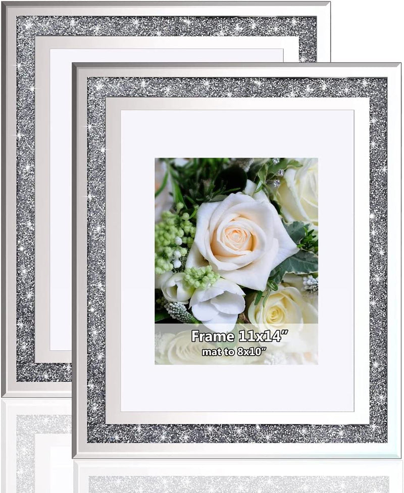 Crushed Diamond Wedding Mirror Photo Frame, Crystal Silver Glass Picture Frame for Photograph Size 11X14 Inch with Mat for 8X10Inch, Pack of 2 Pieces Wall Frame. Bling Sparkle Crushed Diamond Home Decor. Home & Garden > Decor > Picture Frames MY 11x14  