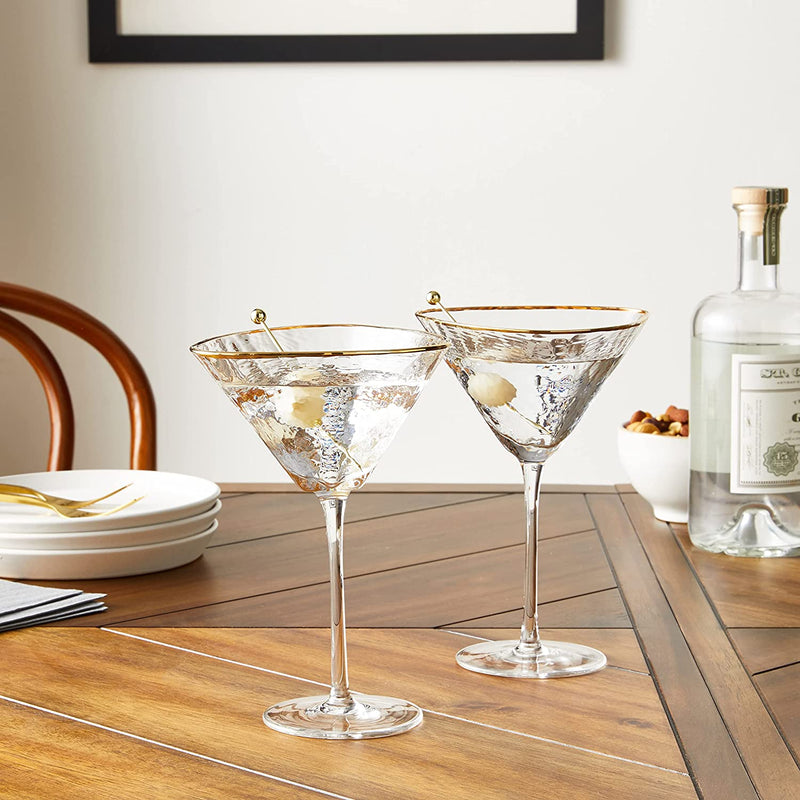 Sister.Ly Drinkware Handmade Hammered Martini Glasses with Gold Rim - Set of 2 Gold Rim Martini Glasses and 2 Gold-Plated Cocktail Picks. Celebrate Life One Glass at a Time