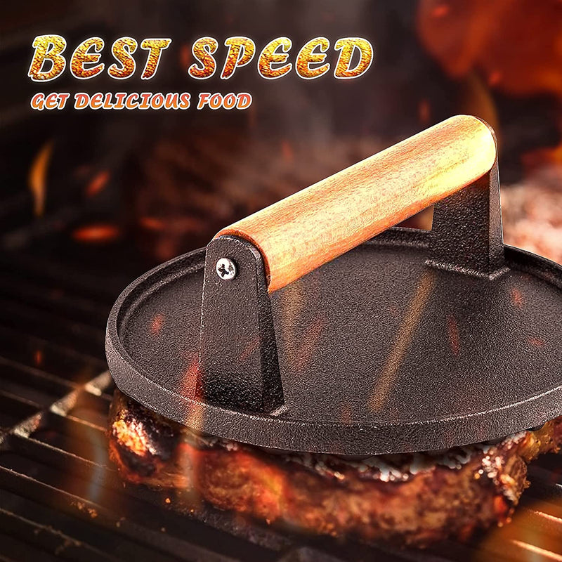 Eazy2Hd Griddle Accessories Flat Top Bacon Press Cast Iron Combo Kit Melting Dome Cooking Tools Hamburger Meat Cheese Panini Basting Cover Outdoor Steelmade Large round Set with Wood Handle