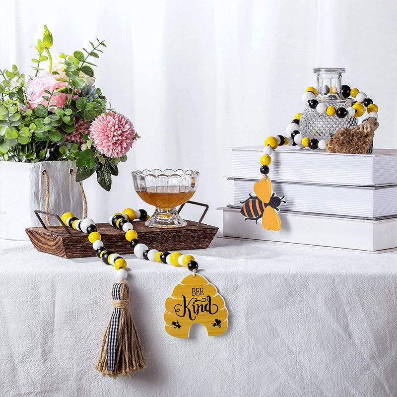 Jetec 2 Pieces Bee Wood Bead Garland with Tassels, Honeycomb Wood Bead Spring Summer Wooden Bead Garland Rustic Farmhouse Home Decorations for Tiered Tray Shelf Displays Home & Garden > Decor > Seasonal & Holiday Decorations Jetec   