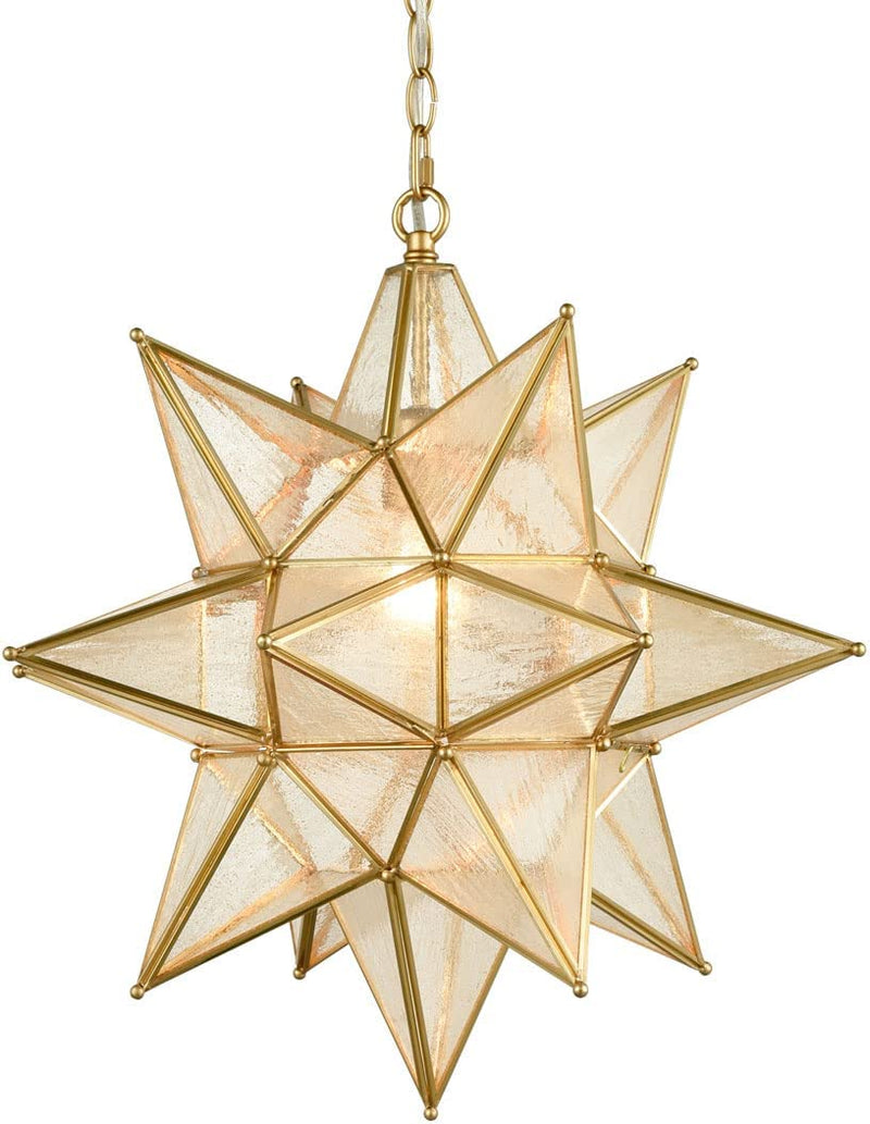 EUL 20 Inch Modern Moravian Star Pendant Lighting Seeded Glass Light on Chain Home & Garden > Lighting > Lighting Fixtures EUL Gold 20 Inch 