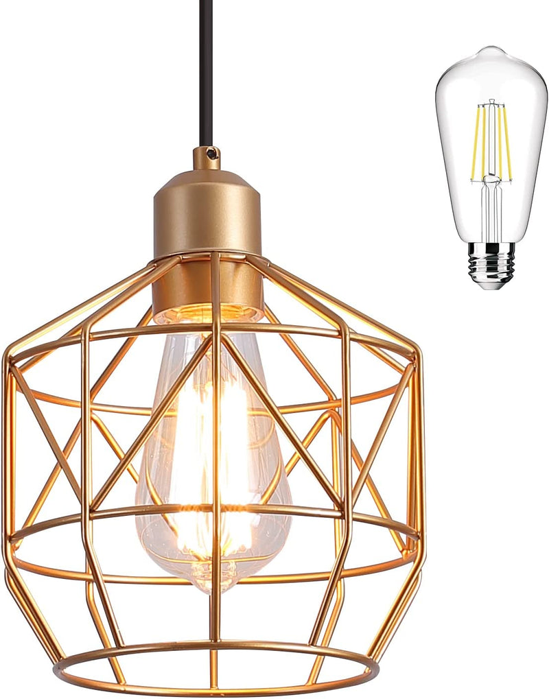 Q&S Black Industrial Basket Cage Hanging Pendant Light Fixtures with Plug in Cord 15.1FT On/Off Switch for Kitchen Living Room Camper Bedroom Sink Included LED Bulb