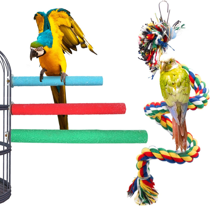 3Pcs Bird Perchs Bird Stand Toy and 1Pcs Bird Rope Perches, Wood Parrot Stand Platform Colorful Sand Paw Grinding Stick Cage Accessories Exercise Toys for Cockatiel Conure Budgies Parakeet (Wood+Rope) Animals & Pet Supplies > Pet Supplies > Bird Supplies Bac-kitchen   