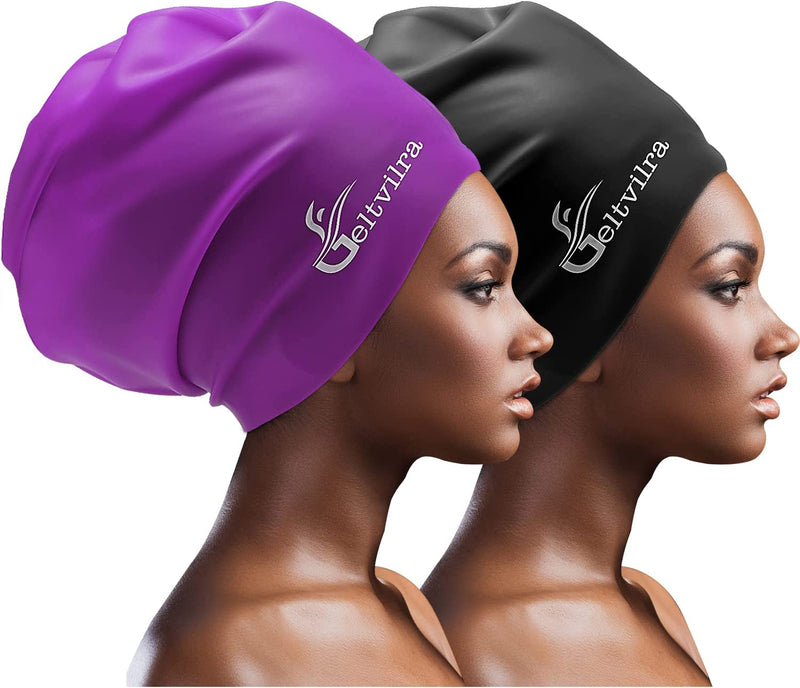 Extra Large Swim Cap for Braids and Dreadlocks Women Men Silicone Swimming Cap for Long Thick Curly Weaves Afro Hair Extensions Sporting Goods > Outdoor Recreation > Boating & Water Sports > Swimming > Swim Caps Geltvilra Black, Purple  