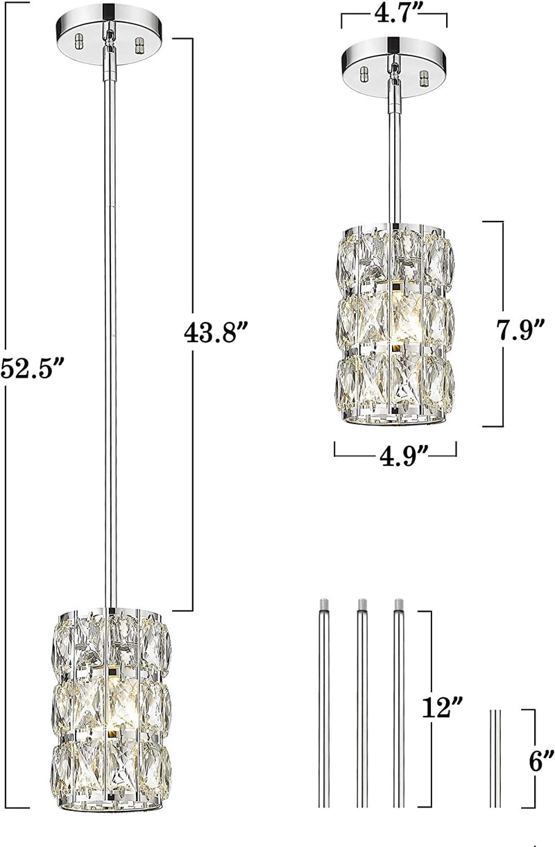 Mini Crystal Pendant Light, CALDION 1-Light Moden Pendant Light Fixtures, Adjustable Rods Pendant Lighting for Kitchen Island Dining Room Bedroom, Bar , Cofe, Bedroom Chrome Finish, 6869PL-CH Home & Garden > Lighting > Lighting Fixtures CALDION   