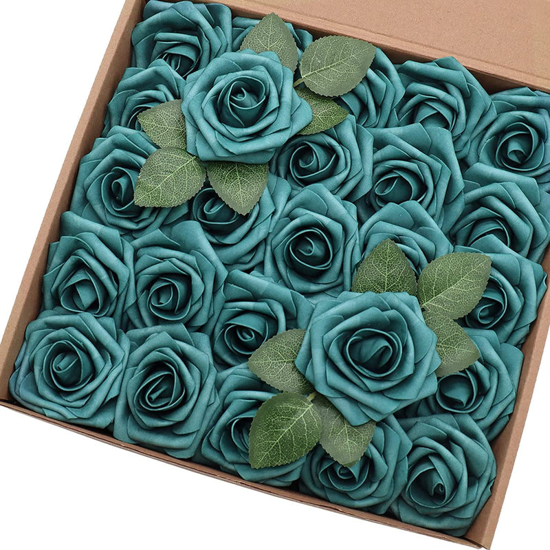 J-Rijzen Artificial Flowers 25PCS Real Looking White & Dusty Blue Shades Fake Roses with Stem for DIY Wedding Bouquets Centerpieces Baby Shower Party Home Decorations Home & Garden > Decor > Seasonal & Holiday Decorations J-Rijzen Dark Teal 3"/50pcs 