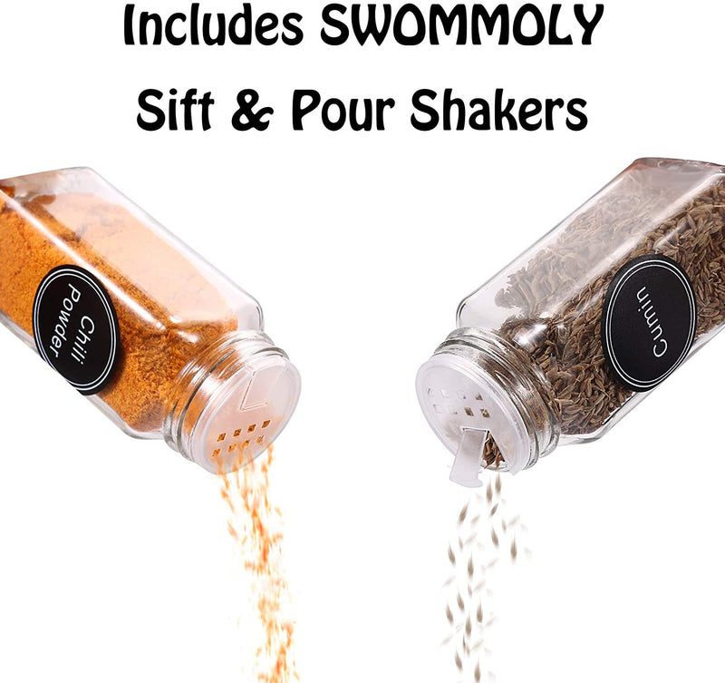 SWOMMOLY 25 Glass Spice Jars with 703 Spice Labels, Chalk Marker and Funnel Complete Set. 25 Square Glass Jars 4OZ, Airtight Cap, Pour/Sift Shaker Lid Home & Garden > Decor > Decorative Jars SWOMMOLY   