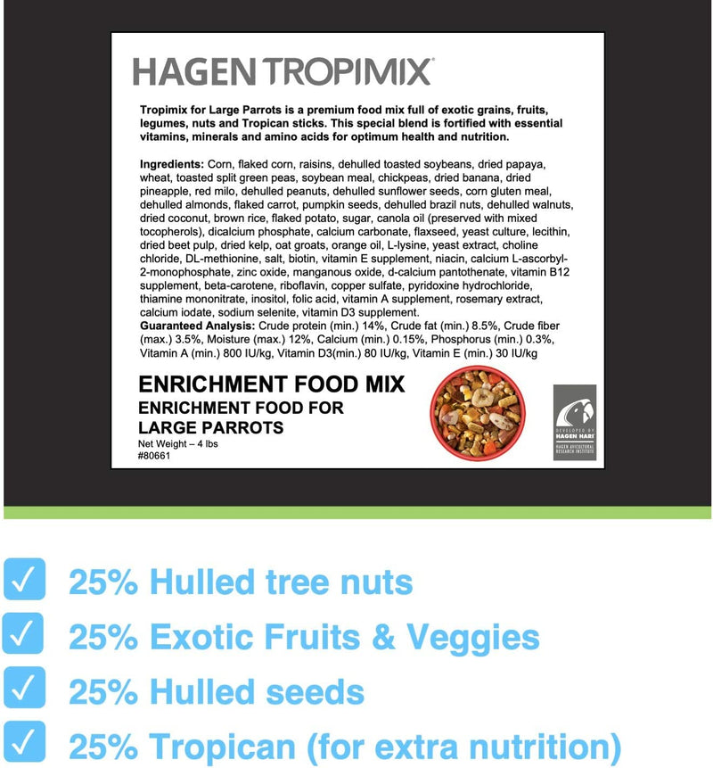Hari Tropimix Bird Food, Hagen Large Parrot Food with Seeds, Fruit, Nuts, Vegetables, Grains, and Legumes, Enrichment Food, 4 Lb Bag