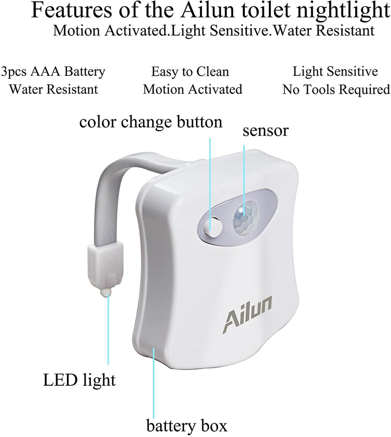 Toilet Night Light 2Pack by Ailun Motion Sensor Activated LED Light 8 Colors Changing Toilet Bowl Illuminate Nightlight for Bathroom Battery Not Included Perfect with Water Faucet Light Home & Garden > Lighting > Night Lights & Ambient Lighting Ailun   