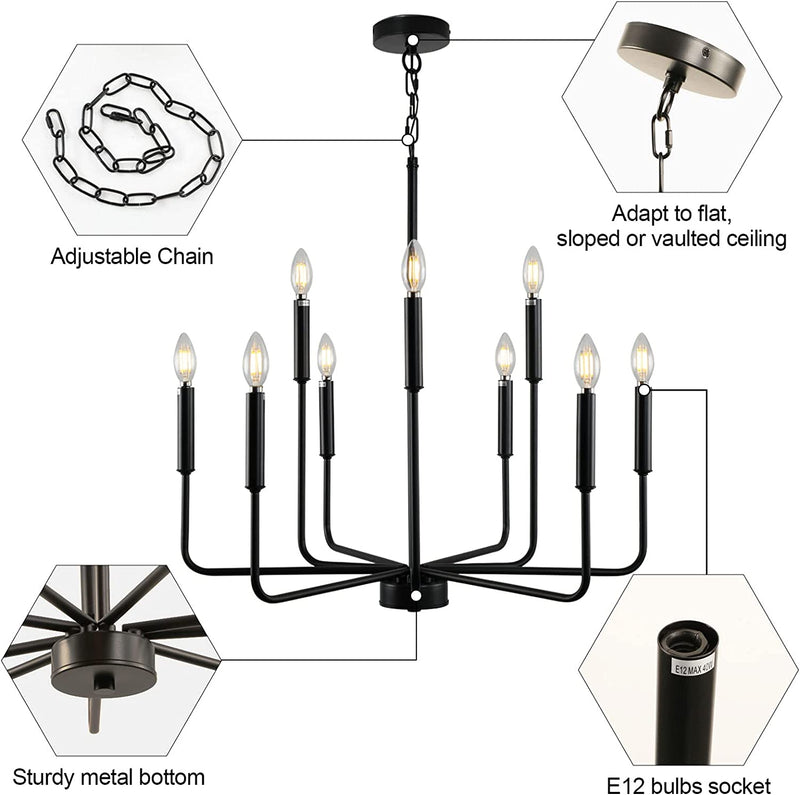 Black Chandelier, Modern Farmhouse Chandeliers for Dining Room 9-Lights Candle Pendant Lights Kitchen Island Rustic Industrial Black Metal Hanging Light Fixtures for Living Room Bedroom Entryway Home & Garden > Lighting > Lighting Fixtures > Chandeliers Gifarich   