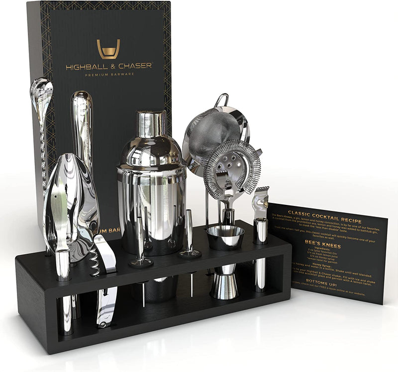 Highball & Chaser 13-Piece Cobbler Cocktail Shaker Set Stainless Steel Mixology Bartender Kit with Stand for Home Bar Cocktail Set | Laser Engraved Cocktail Tools | plus Ebook with 30 Cocktail Recipes Home & Garden > Kitchen & Dining > Barware Highball & Chaser Silver  