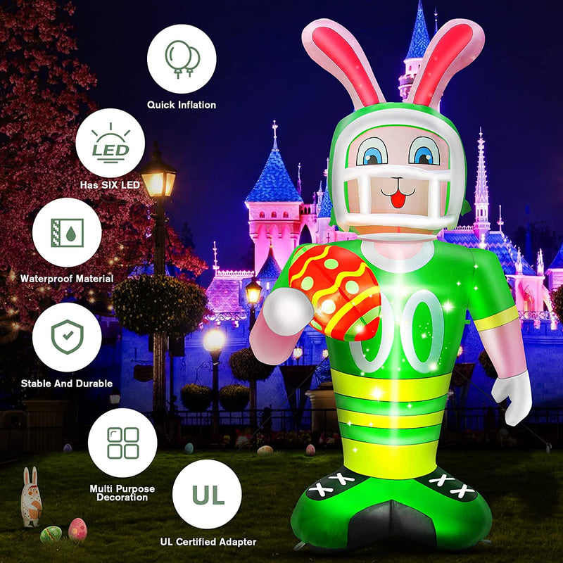 7FT Giant Easter Inflatables Outdoor Decoration,Easter Blow up Football Bunny with Egg Decor Build-In LED Green Helmet Rugby Rabbit Arch Home Holiday Party Indoor Yard Garden Lawn Décor Clearance