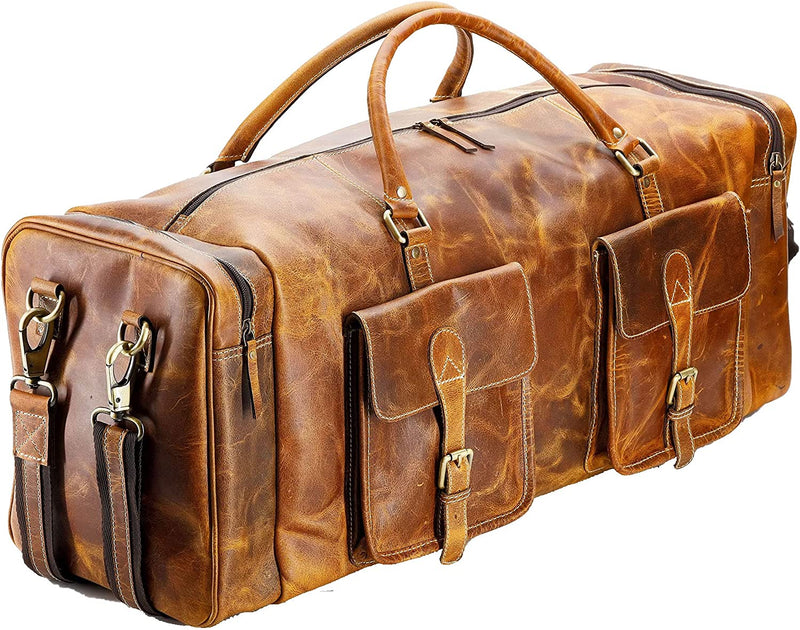Komalc 28 Inch Duffel Bag Travel Sports Overnight Weekend Leather Duffle Bag for Gym Sports Cabin Holdall Bag (Distressed Tan)