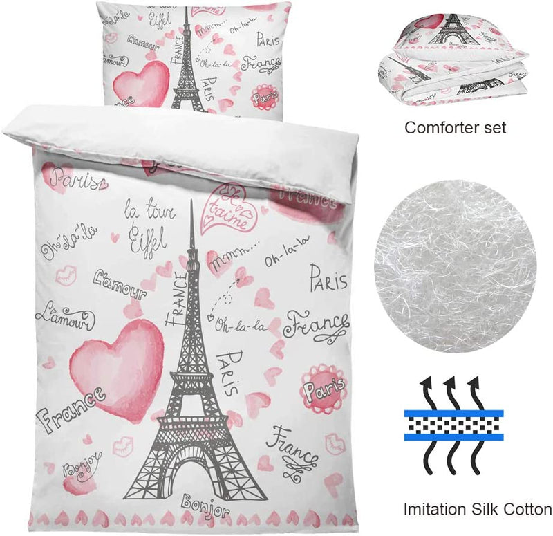 SHINICHISTAR Twin Size the Eiffel Tower Comforter Sets 3 Pieces Paris Bedding Set for Kids Teens Girls Heart France Bedroom Decor Home & Garden > Linens & Bedding > Bedding SHINICHISTAR   