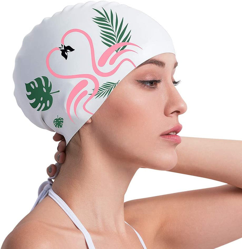 COPOZZ Adult Swim Caps, Silicone Waterproof Comfy Bathing Cap Swimming Hat for Long and Short Hair Sporting Goods > Outdoor Recreation > Boating & Water Sports > Swimming > Swim Caps COPOZZ Flamingo-12yrs+  