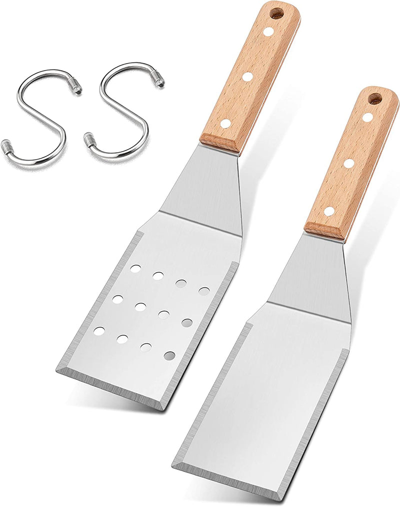 Leonyo Metal Spatula Set of 2, Stainless Steel Griddle Turner Spatula for Flat Top Grilling Flipping Cooking Hamburger BBQ Teppanyaki, Grill Accessories Tool for Smash Burgers, Pancake, Wood Handle Home & Garden > Kitchen & Dining > Kitchen Tools & Utensils Leonyo Wooden Handle, Small Spatula x 2  