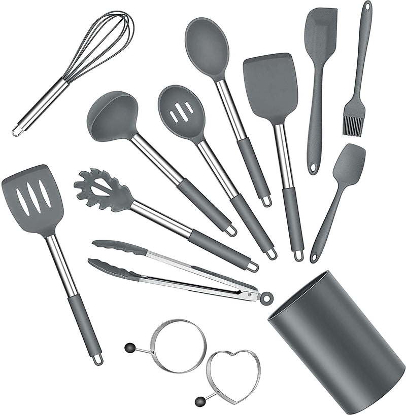 Silicone Cooking Utensils Set, E-Far 14-Piece Black Kitchen Utensils Set with Holder, Kitchen Tools Spatulas with Stainless Steel Handle for Non-Stick Cookware, Heat Resistant & Dishwasher Safe Home & Garden > Kitchen & Dining > Kitchen Tools & Utensils E-far Gray 14 