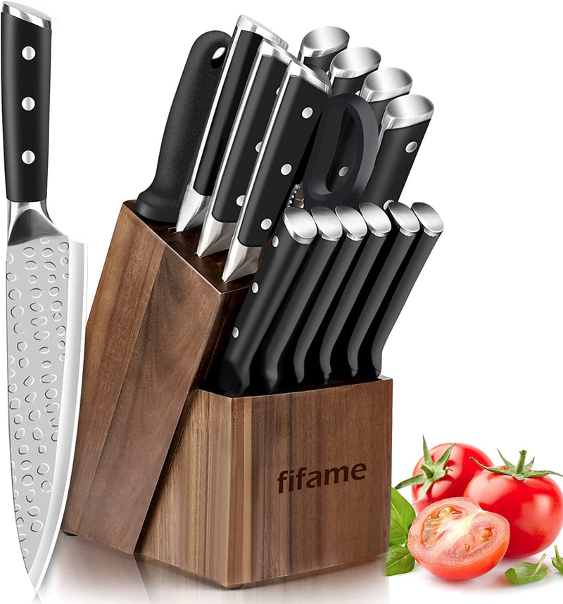 Knife Set with Block, 16-Piece Kitchen Knife Set, Manual Sharpener for Chef Knife Set, German High-Carbon Stainless Steel & Ultra Sharp Full Tang Forged Knives - White Home & Garden > Kitchen & Dining > Kitchen Tools & Utensils > Kitchen Knives fifame Black  