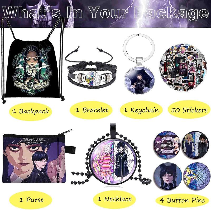 Herstar Wednesday Addams Merchandise Gift Set, Wednesday Party Favors Including Drawstring Bag, Keychain, Necklaces, Purse Bag, Bracelets, Stickers, Button Pins (A)  Herstar   