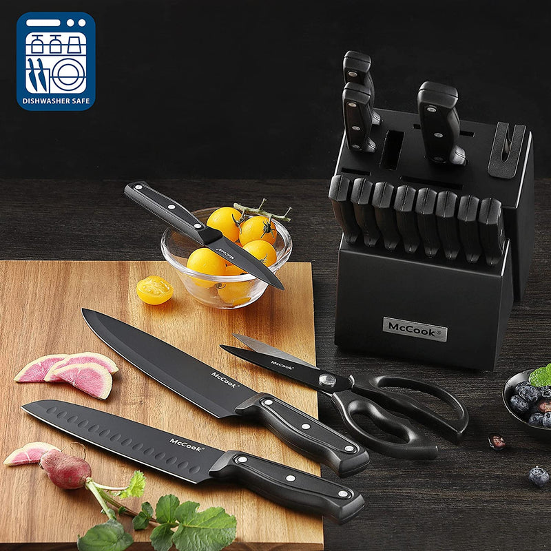 DISHWASHER SAFE MC701 Black Knife Sets of 26, Mccook Stainless Steel Kitchen Knives Block Set with Built-In Knife Sharpener,Measuring Cups and Spoons Home & Garden > Kitchen & Dining > Kitchen Tools & Utensils > Kitchen Knives McCook   
