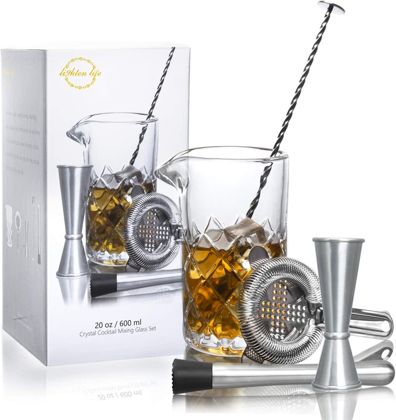 Lighten Life Cocktail Mixing Glass Set,Bar Mixing Set with 20Oz Crystal Thick Bottom Glass,Spoon, Jigger,Strainer and Muddle,5 Pieces Cocktail Mixing Glass Kits Perfect for Amateurs and Bartenders Home & Garden > Kitchen & Dining > Barware LIGHTEN LIFE   