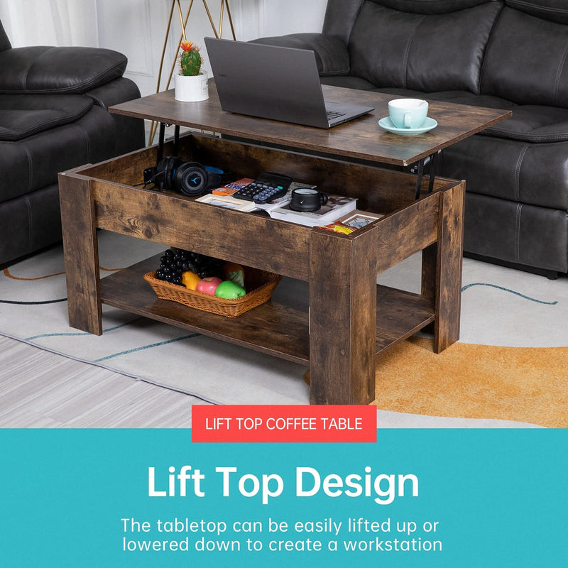 Lift Top Coffee Table with Hidden Compartment and Storage Shelf Wooden Lift Tabletop for Home Living Room Reception Room Office (Brown)
