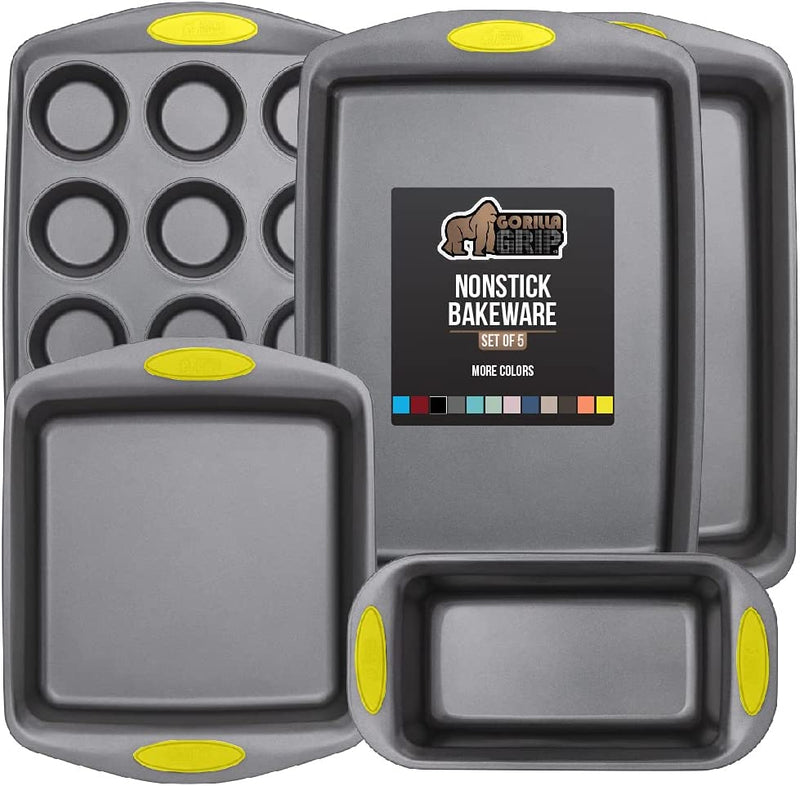 Gorilla Grip Nonstick, Heavy Duty, Carbon Steel Bakeware Sets, 4 Piece Kitchen Baking Set, Rust Resistant, Silicone Handles, 2 Large Cookie Sheets, 1 Roasting Pan and 1 Bread Loaf Pan, Turquoise Home & Garden > Kitchen & Dining > Cookware & Bakeware Hills Point Industries, LLC Lemon Yellow Bakeware Sets Set of 5