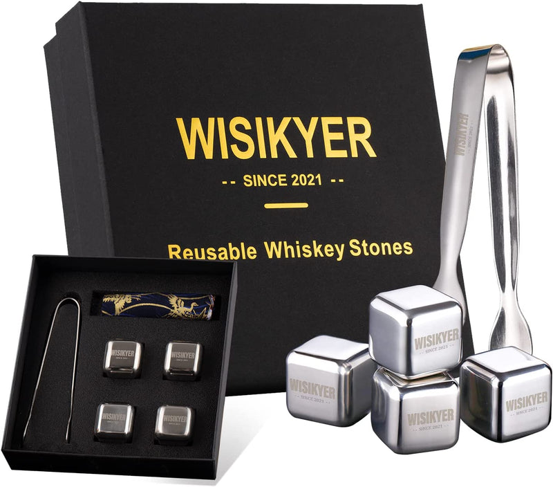 Metal Ice Cube Set for Whiskey, Reusable Ice Stones for Bourbon & Scotch, Stainless Steel Barware Gifts Kit of 4 Cubes ​For Birthday Retirement Christmas Men Gift Idea