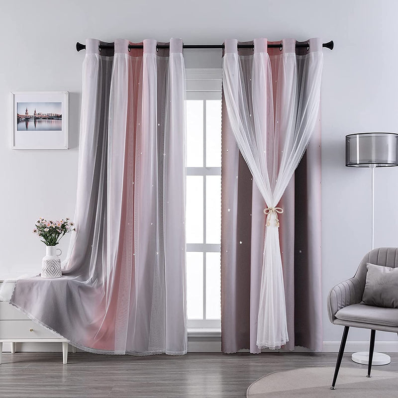 INDISTAR Star Blackout Curtains for Girls Kids Bedroom, Colourful Stripe Window Curtain Panels, 2 Layer Lace Drapes, Room Darkening Curtain for Living Room Decor, 2 Panels (Blue W52 X L63 Inch Home & Garden > Decor > Window Treatments > Curtains & Drapes Indistar Pink/Grey 52"W x 63"L 