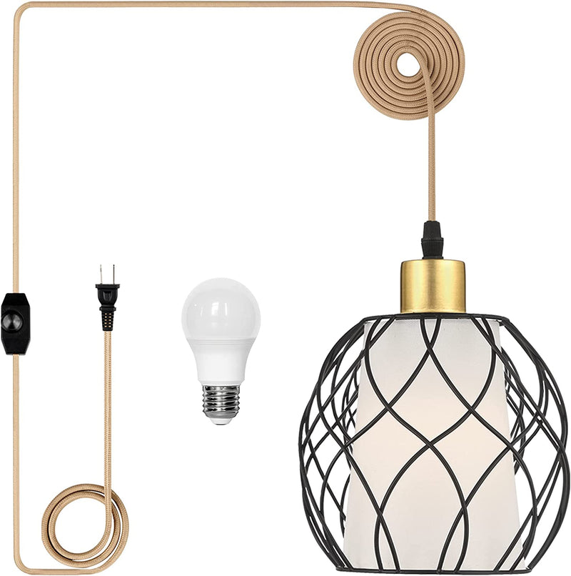 Plug in Pendant Light, Black Farmhouse Hanging Chandelier Lights with Linen Shade, 15Ft Golden Cotton Cord, Industrail Ceiling Lamp with Dimmable Switch, for Kitchen Island Living Room (Bulb Included) Home & Garden > Lighting > Lighting Fixtures Cinkeda   
